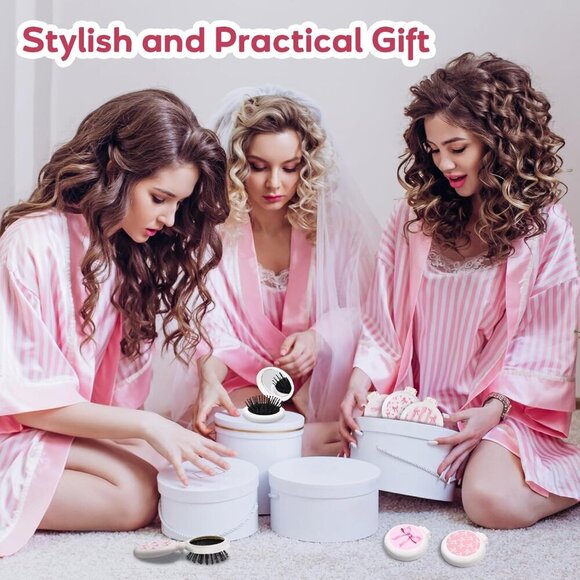 Pink Bow Mini Hair Brush Set Folding Mirror Detangler Travel Purse main image 6